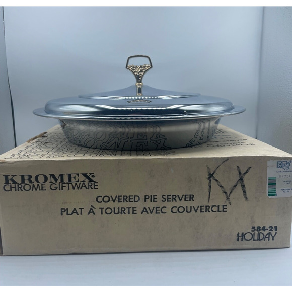 Vtg Kromex #584 Covered Pie Server Polished Chrome NOS Giftware Pyrex Pie Plate - Picture 1 of 8